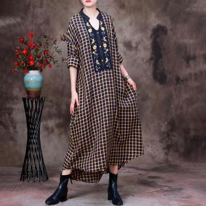 Loose-Fit Flowers Embroidery Dress Cotton Linen Tartan Dress