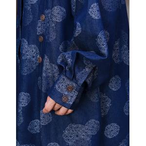 Round Flowers Printed Blue Coat Maxi Denim Shirt Dress