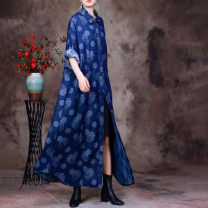 Round Flowers Printed Blue Coat Maxi Denim Shirt Dress