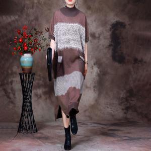 Bicolored Half Sleeves Sweater Dress Loose Mock Neck Dress