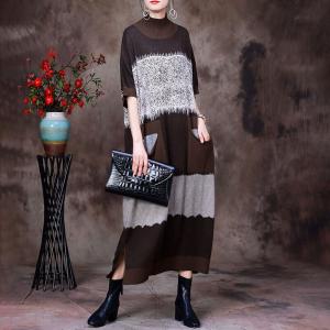 Bicolored Half Sleeves Sweater Dress Loose Mock Neck Dress