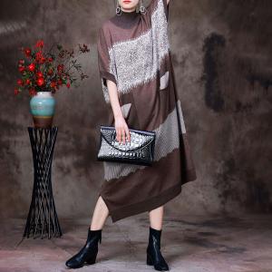 Bicolored Half Sleeves Sweater Dress Loose Mock Neck Dress