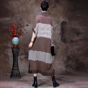 Bicolored Half Sleeves Sweater Dress Loose Mock Neck Dress