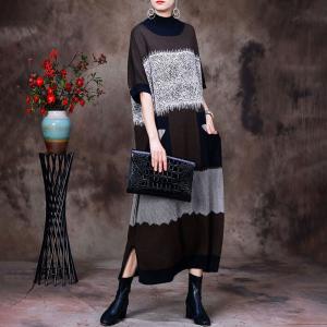 Bicolored Half Sleeves Sweater Dress Loose Mock Neck Dress