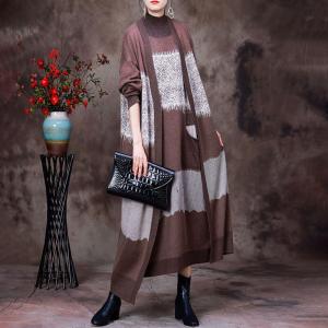 Sheep Wool Oversized Knit Cardigan Printed Long Sweater Overcoat