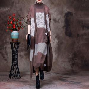 Sheep Wool Oversized Knit Cardigan Printed Long Sweater Overcoat