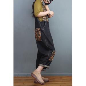 Front Zip Black Denim Overalls Floral Patchwork 90s Overalls