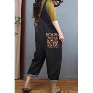 Front Zip Black Denim Overalls Floral Patchwork 90s Overalls