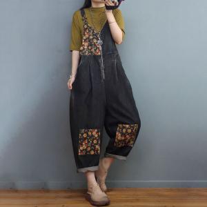 Front Zip Black Denim Overalls Floral Patchwork 90s Overalls