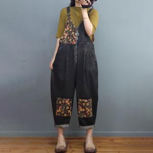 Front Zip Black Denim Overalls Floral Patchwork 90s Overalls