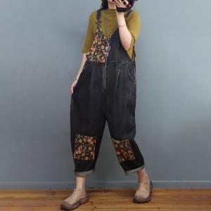 Front Zip Black Denim Overalls Floral Patchwork 90s Overalls