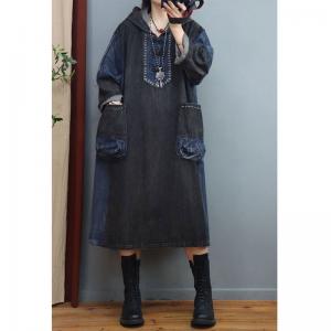 Black and Blue Chinese Buttons Hooded Dress Plus Size Denim Dress