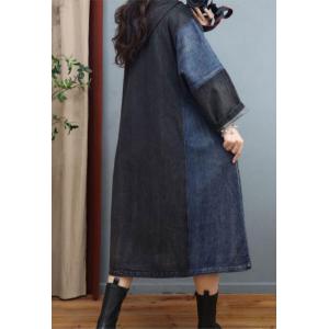 Black and Blue Chinese Buttons Hooded Dress Plus Size Denim Dress