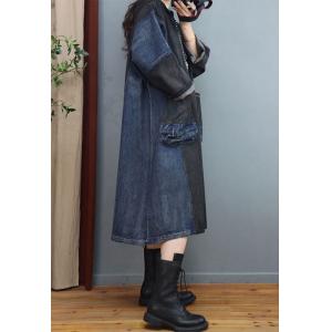 Black and Blue Chinese Buttons Hooded Dress Plus Size Denim Dress