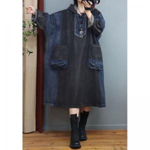 Black and Blue Chinese Buttons Hooded Dress Plus Size Denim Dress