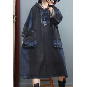 Black and Blue Chinese Buttons Hooded Dress Plus Size Denim Dress