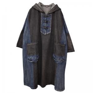 Black and Blue Chinese Buttons Hooded Dress Plus Size Denim Dress