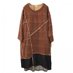 Coffee Contrast Cotton Linen Fringed Dress Loose Midi Dress