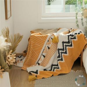 Modern Style Cotton Knit Throws Folk Patterns Tassel Blanket