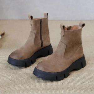 Chunky Heel Leather Suede Boots Size Zip Wedge Ankle Boots