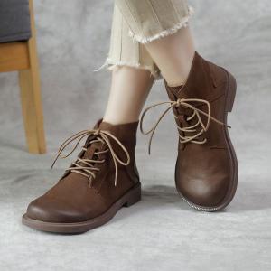 Low Heels Cowhide Martin Boots Vintage Tied Ankle Booties