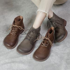 Low Heels Cowhide Martin Boots Vintage Tied Ankle Booties