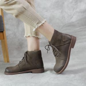 Low Heels Cowhide Martin Boots Vintage Tied Ankle Booties