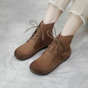 Preppy Style Lace Up Leather Boots Rubber Sole Low Heels Booties