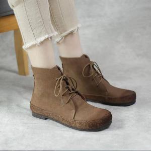 Preppy Style Lace Up Leather Boots Rubber Sole Low Heels Booties