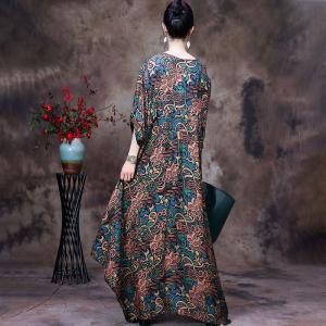 V-Neck Totem Prints Maxi Dress Silk Designer Caftan Dress