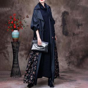 Business Casual Floral Tied Trench Coat Denim Maxi Duster Coat