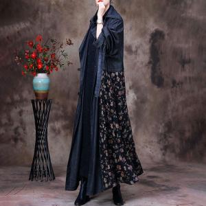 Business Casual Floral Tied Trench Coat Denim Maxi Duster Coat