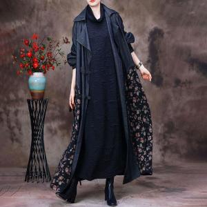 Business Casual Floral Tied Trench Coat Denim Maxi Duster Coat