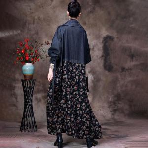 Business Casual Floral Tied Trench Coat Denim Maxi Duster Coat