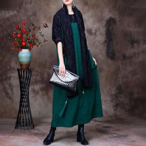 Green Contrast Jacquard Knit Dress Sheer Sleeves Black Dress with Scarf