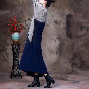 Gray and Blue Chinese Sweater Dress Printed Patchwork Fall Dress