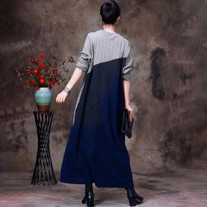 Gray and Blue Chinese Sweater Dress Printed Patchwork Fall Dress