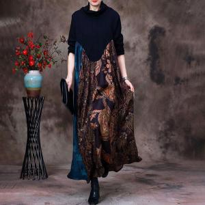 Totem Patterned Loose Jersey Dress Silky Elegant Shift Dress