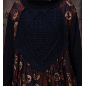 Draped Collar Brown Sweater Dress Printed Loose Winter Dress