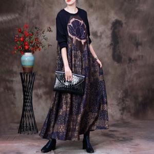 Lotus Printed Silk Purple Dress Knit Floral Elegant Dress