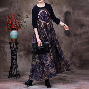 Lotus Printed Silk Purple Dress Knit Floral Elegant Dress
