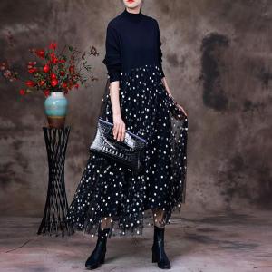 White Dots High Waist Dress Black Knit Gauze Dress