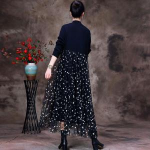 White Dots High Waist Dress Black Knit Gauze Dress