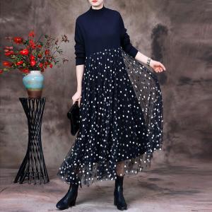 White Dots High Waist Dress Black Knit Gauze Dress