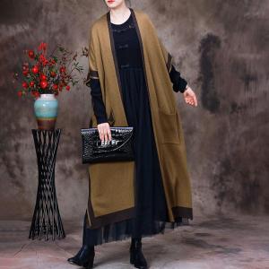 Contrast Colors Long Knit Cardigan Wool Blend Fall Clothing