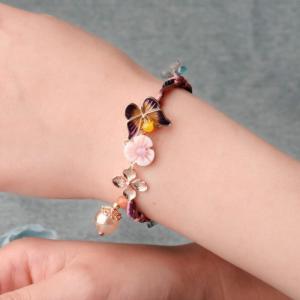 Enamel Butterfly Shell Flowers Bracelet Crystal Beads Chinese Rope