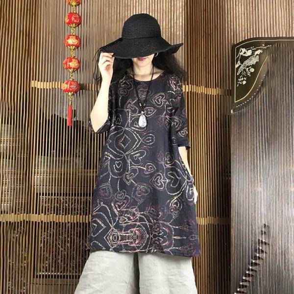 Over40 Style Heart Pattern Long Shirt Slits Black Long Outerwear