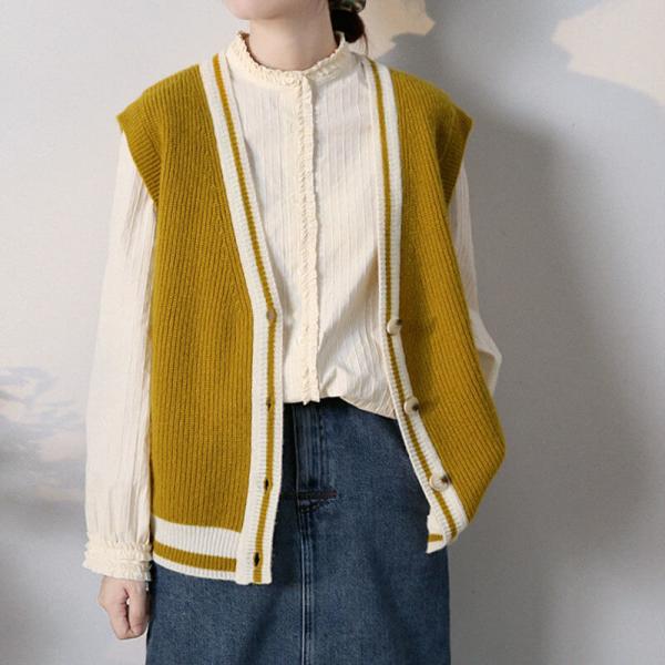 Preppy Style V-Neck Knit Cardigan Wool Oversized Vest