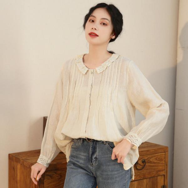 Lace Hem Oversized Peasant Blouse Apricot Linen Shirt