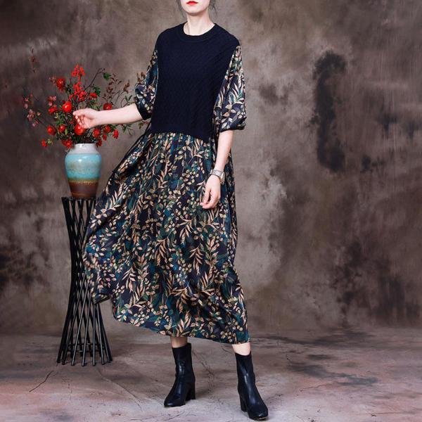 Autumn Fashion Silk Midi Dress Printed Knit Dress